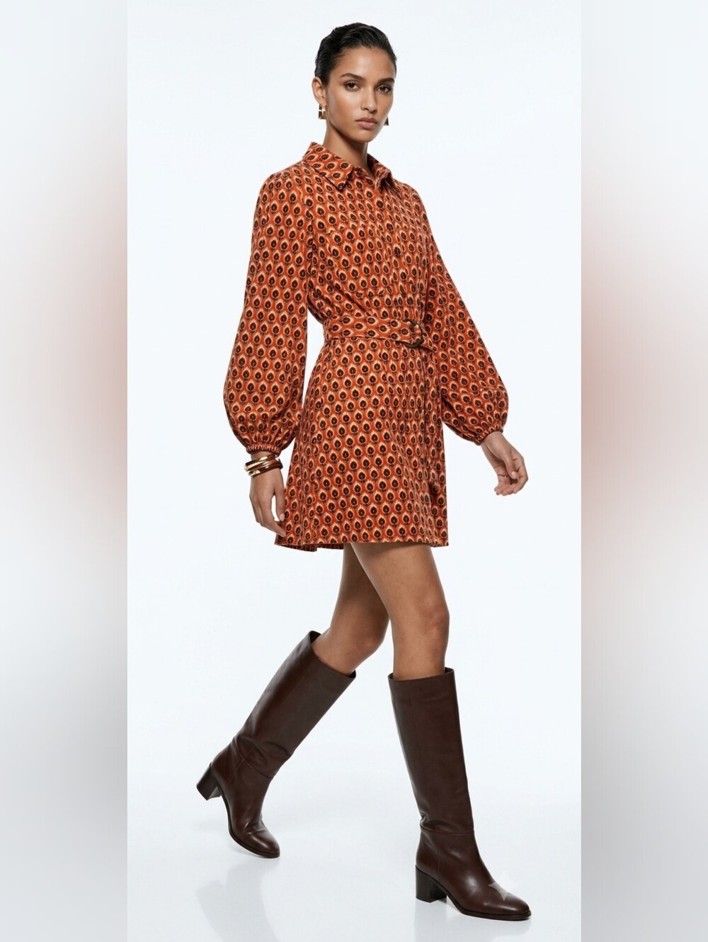 ZARA ✨️ Women's Retro Orange Patterned Shirt Dress with Belt Size L